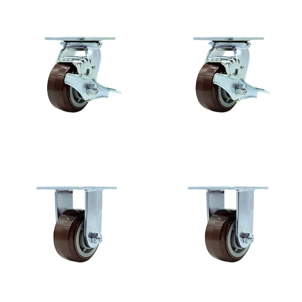 4 Inch Polyurethane Caster Set with Ball Bearings 2 Brake 2 Rigid